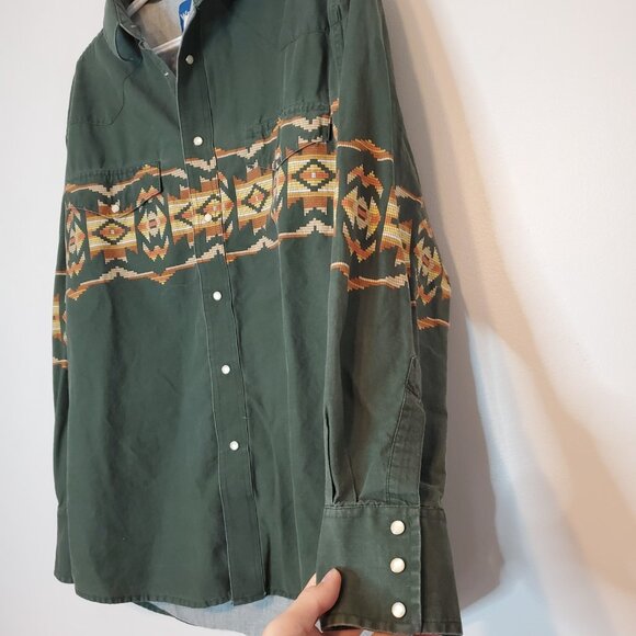 Vintage 90s Wrangler Aztec Pearl Snap Button Up Shirt Green Size L - Picture 4 of 6
